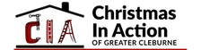 Christmas In Action logo with a black house roof and red chimney above bold black text, “Greater Cleburne” below